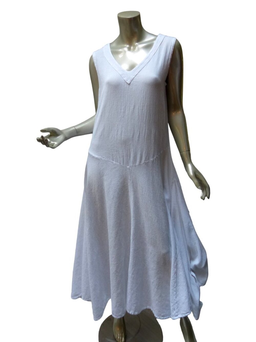 Maria De Guadalajara Tank Dress Medium White Cotton Sweeping Skirt Ruched Hem